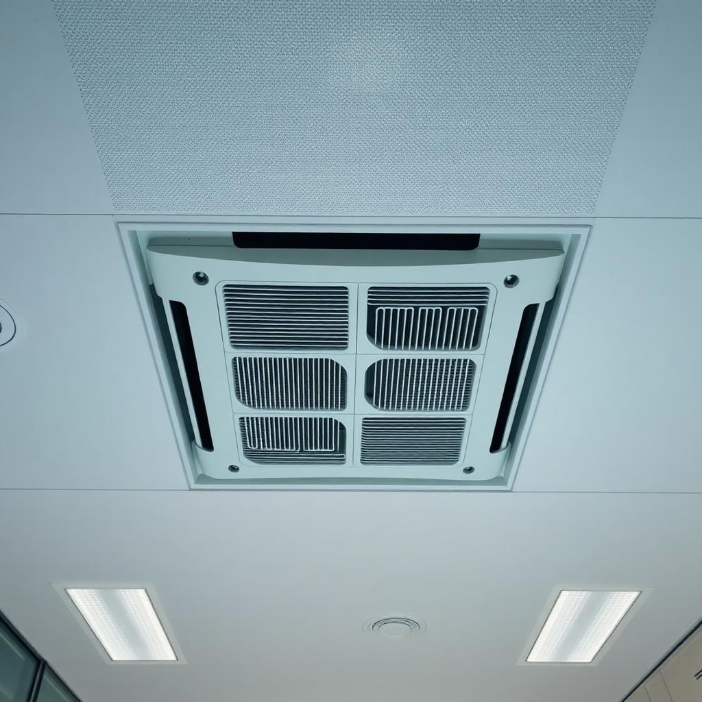 Commercial HVAC Service London — Ceiling-mounted cassette air conditioning unit in a suspended ceiling grid
