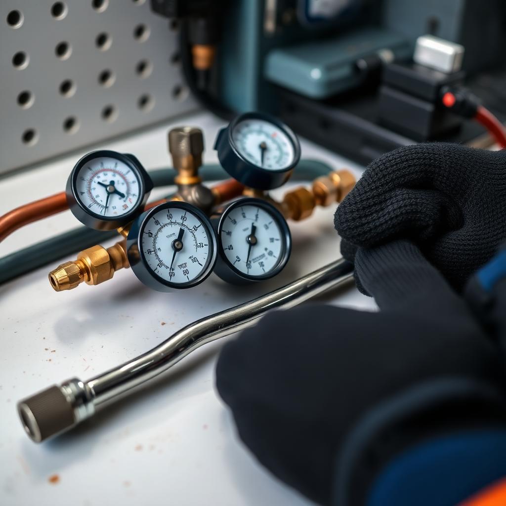 HVAC Engineering Camden — HVAC engineer’s refrigeration gauges, vacuum pump and hand tools on a workbench