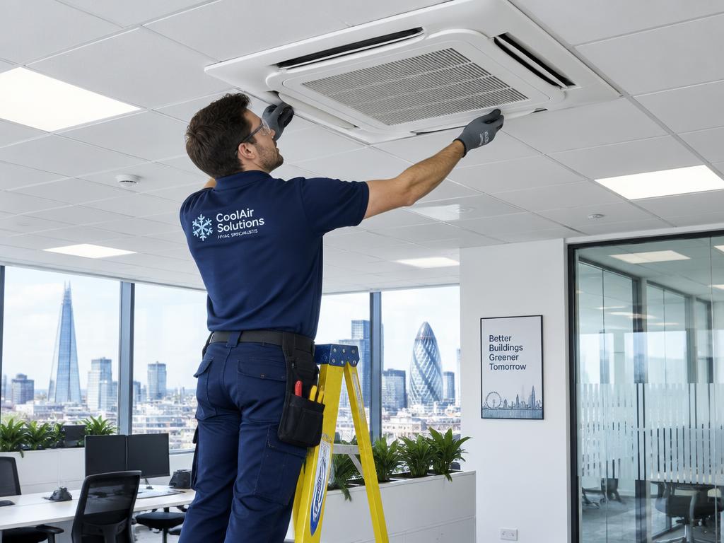 Engineer installing a ceiling cassette air conditioning unit in a London office