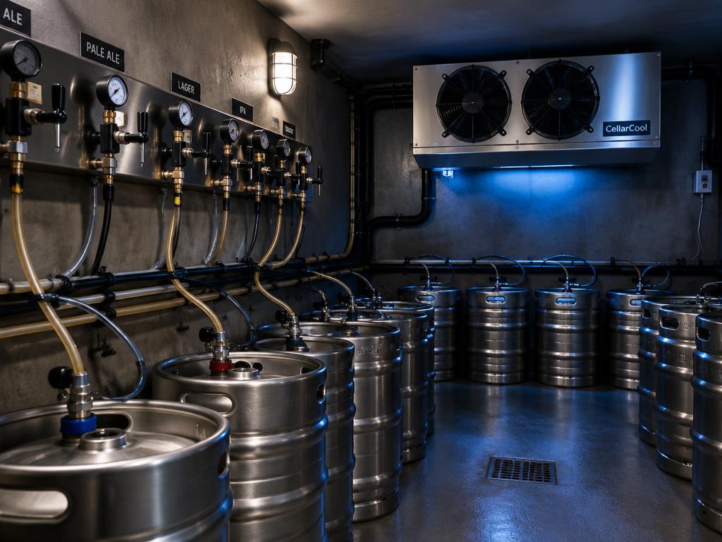 Pub beer cellar with kegs, python lines and a cellar cooling unit