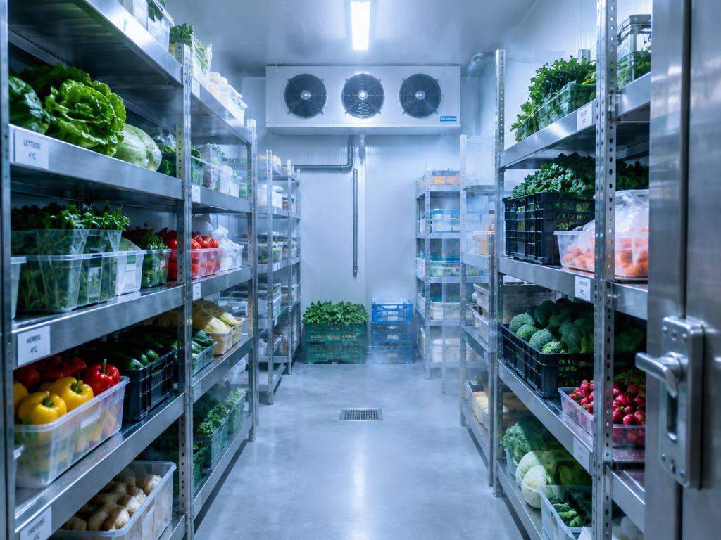 Walk-in cold room with stainless shelving stocked with fresh produce