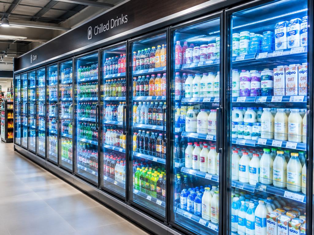 Glass-fronted refrigerated multideck display cabinets in a supermarket