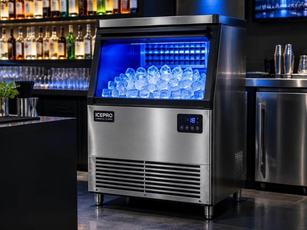 Stainless steel commercial ice machine full of clear ice cubes in a bar