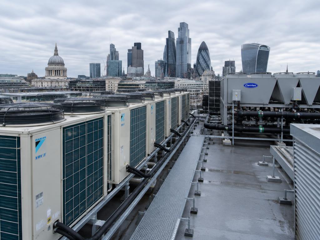 Rooftop VRF condenser units and chiller plant with the London skyline